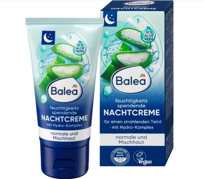 Hydratační noční pleťový krém Balea, s aloe vera a veganským složením. 54,90 Kč, prodává DM 
