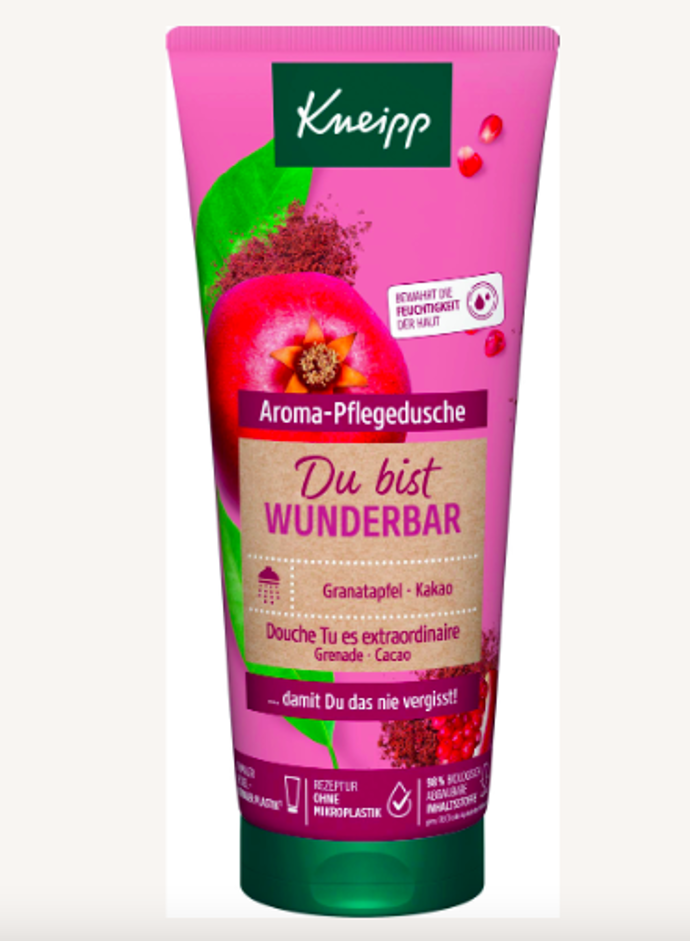 Kneipp Sprchový gel You are wonderful!

Vyživující složení s přírodním pečujícím olejem a extraktem z granátového jablka a kakaa jemně čistí pokožku a chrání přirozený kožní mikrobiom. Vaše pokožka bude příjemně provoněná a viditelně hydratovaná.

Cena: 99 Kč
