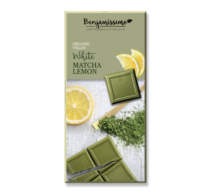 Veganská bio, bílá čokoláda bez laktozy s čajem matcha a citronovým olejem, 86 Kč
