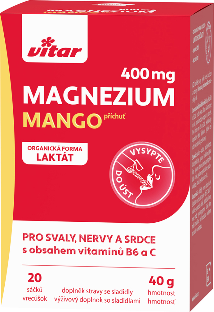 Přípravek Vitar Magnezium Mango 400 mg + B6 + C obsahuje organickou formu hořčíku, která je lépe vstřebatelná a vitaminy B6 a C ve formě sypké směsi v praktických jednorázových sáčcích. Jednoduše vsypete do úst a necháte rozpustit. Přípravek se doporučuje zejména při sportu, nadměrné fyzické zátěži či psychickém vypětí. 139 Kč
