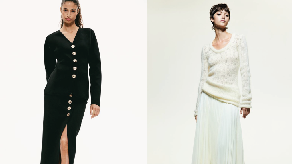 Tenká plisovaná sukně, H&M, 1 199 Kč, pouzdrová sukně z jemného úpletu, H&M, 1 459 Kč
