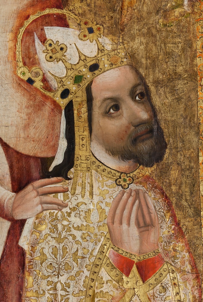 Podobizna Karla IV. na Votivním obrazu Jana Očka z Vlašimi. Podobizen Karla IV. se moc nedochovalo, historické prameny ale o jeho podobě mnohé píší, většinou však v souvislosti s jeho zraněními z bojů.
