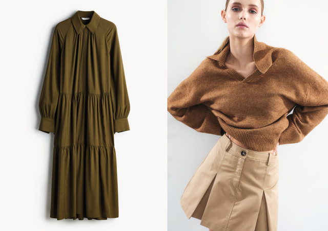 Svetr z jemného úpletu s límcem, H&M, 599 Kč, košilové midi šaty, H&M, 549 Kč
