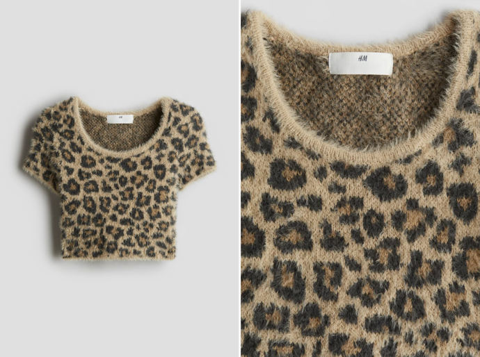 Top z huňatého úpletu, leopardí potisk, H&M, 479 Kč
