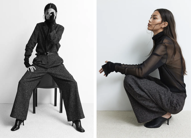 široké kalhoty, černý melír, H&M, 839 Kč
