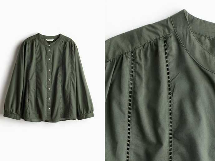 Barva, krajka i balonové rukávy jsou letos přesně tím, co byste si neměli nechat ujít.

Halenka s prolamovanou krajkou, H&M, 599 Kč
