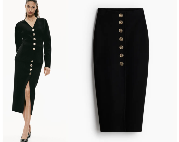 Pouzdrová propínací sukně z jemného úpletu, H&M, 1459 Kč
