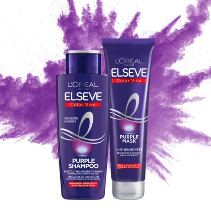 Elseve Color Vive maska na vlasy Purple pro melírované hnědé, blond a šedivé vlasy. Neutralizuje mosazné tóny & zároveň vyživuje vlasy. 139 Kč
