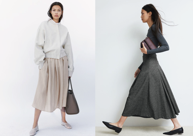 Skládaná sukně, H&M, 839 Kč, sukně áčkového střihu, H&M, 959 Kč
