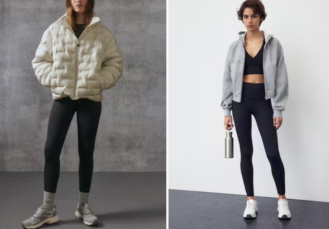 Vodoodpudivá vatovaná bunda z ThermoMove™, H&M, 1 599 Kč, sportovní legíny z materiálu SoftMove™, H&M, 719 Kč
