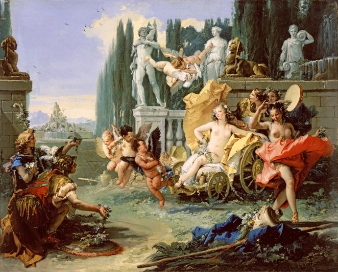 Velkým centrem neřesti byla i Itálie. Triumf Flóry (asi 1743), italská barokní interpretace podle Ovidiova vyprávění o Floralii, Giovanni Battista Tiepolo
