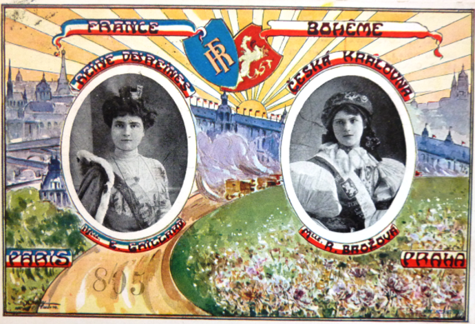 Česká pohlednice připomínající návštěvu české královny Růženy Brázdové v Paříži na Mi-Carême v roce 1910.
 
