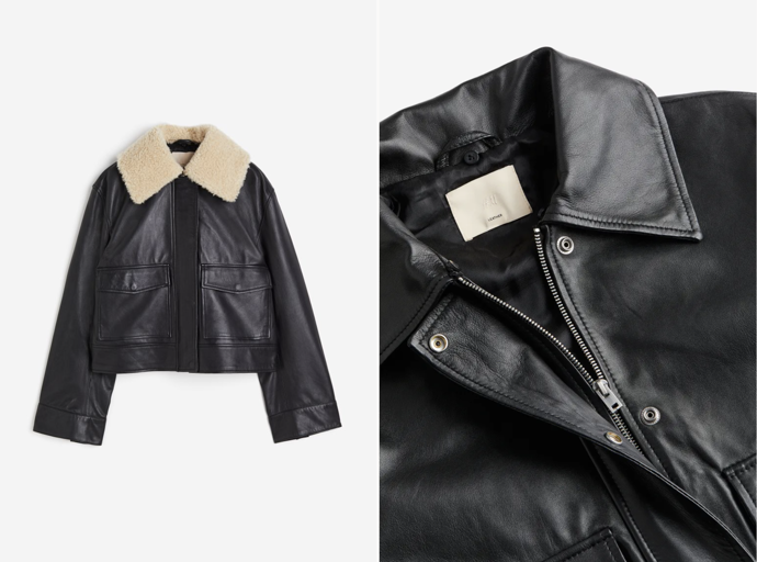 Kožená bunda černá, "pilotka", H&M, 7 499 Kč
