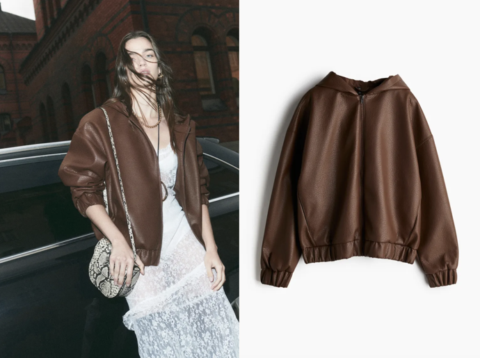 Bunda s kapucí, tmavě hnědá, kožený look, H&M, 1 199 Kč
