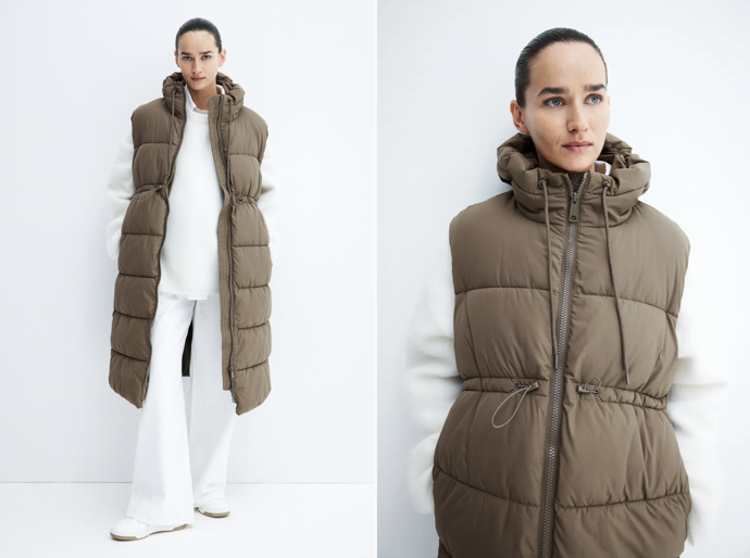 MAMA Vatovaná vesta s kapucí, khaki a černá, H&M, 1 459 Kč
