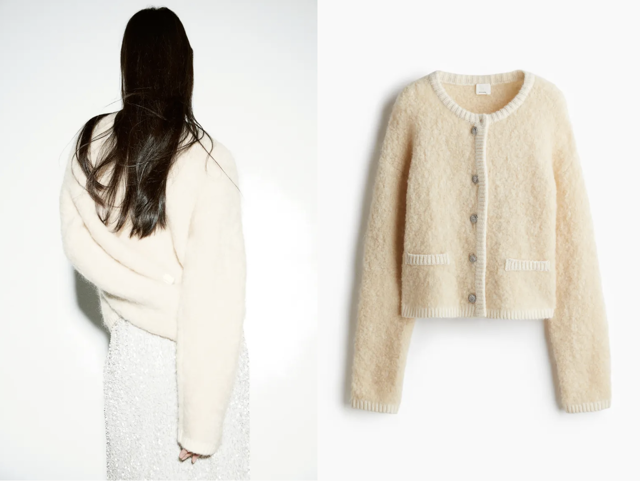 Propínací svetr z vlněné směsi buklé, krémová a šedá barva, H&M, 2 399 Kč
