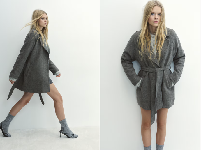 Kabát ke kolenům, černá a šedá, H&M, 1 199 Kč
