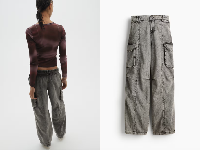 Baggy Low Cargo Jeans, šedá i světle modrá, H&M, 719 Kč
