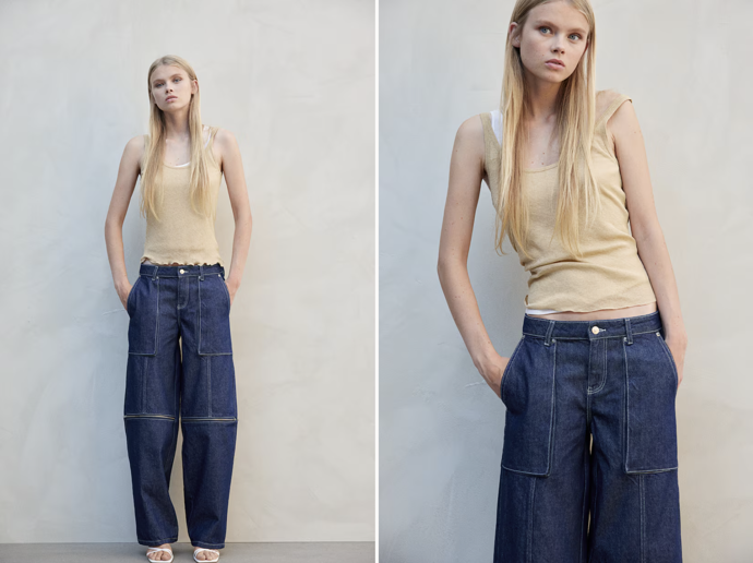 Baggy Low Cargo Jeans, s velkými kapsami, modrá a černá, H&M, 839 Kč
