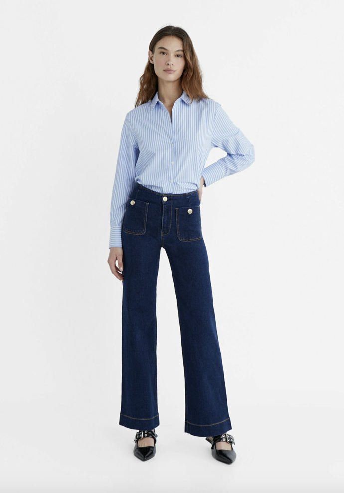 Stradivarius, MINIMALIST WITH POCKETS, Široké džíny, tmavě modré, Zalando, 849 Kč
