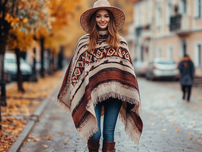 Ponča již dávno ztratila spojitost s indiánskými outfity. Jsou stylová a výborně se hodí do města.
