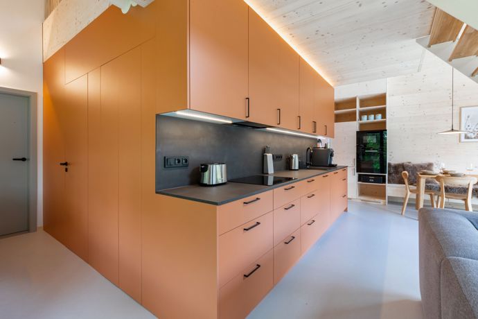 Dřevem obložená zabudovaná kuchyňská linka s moderními spotřebiči dodává interiéru příjemný a stylový kontrast mezi tradičním materiálem a současnou funkčností.
