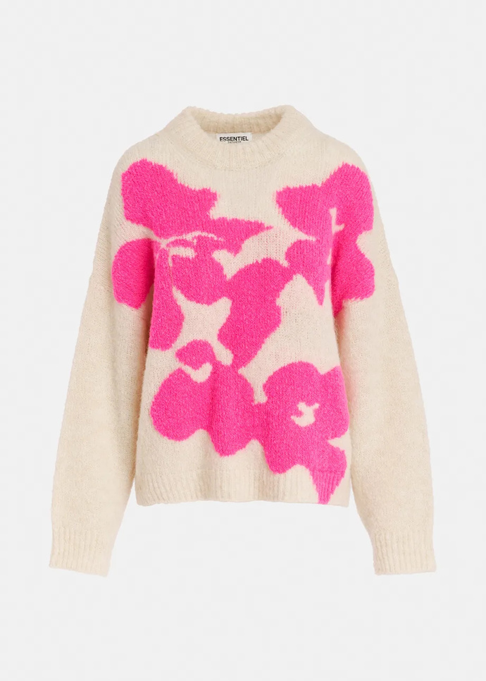 Svetr s květinami Ecru and neon pink floral intarsia-knitted sweater, Essentiel-Antwerp, 249 eur
