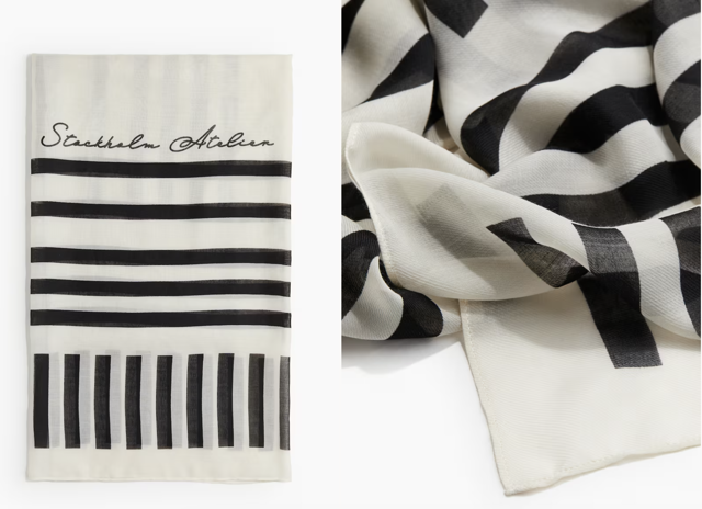 Rozměrný šátek s potiskem, světle béžová/černý proužek, H&M, 429 Kč 
