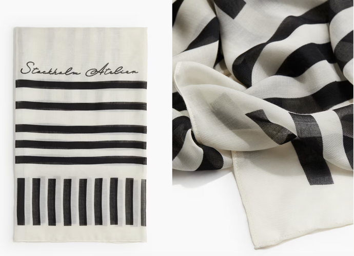 Rozměrný šátek s potiskem, světle béžová/černý proužek, H&M, 429 Kč 

