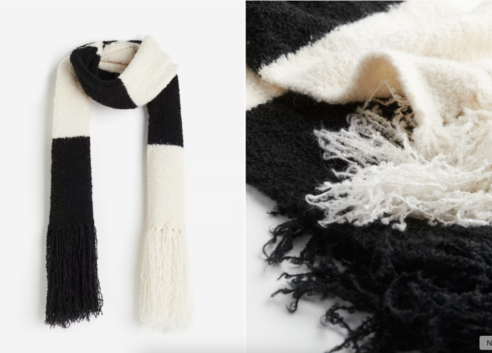Šála z buklé, černo-bílé proužky, H&M, 349 Kč

