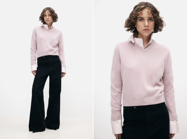 Kašmírový svetr s výstřihem do V, tlumená světle růžová barva, H&M, 3 699 Kč
