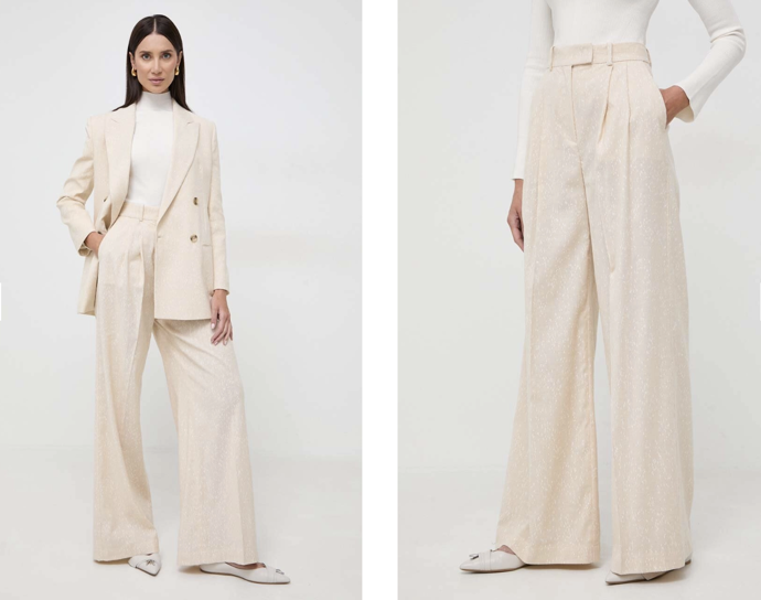 Kalhoty BOSS dámské, béžová barva, jednoduché, high waist, béžová, Answear, 3199 Kč
