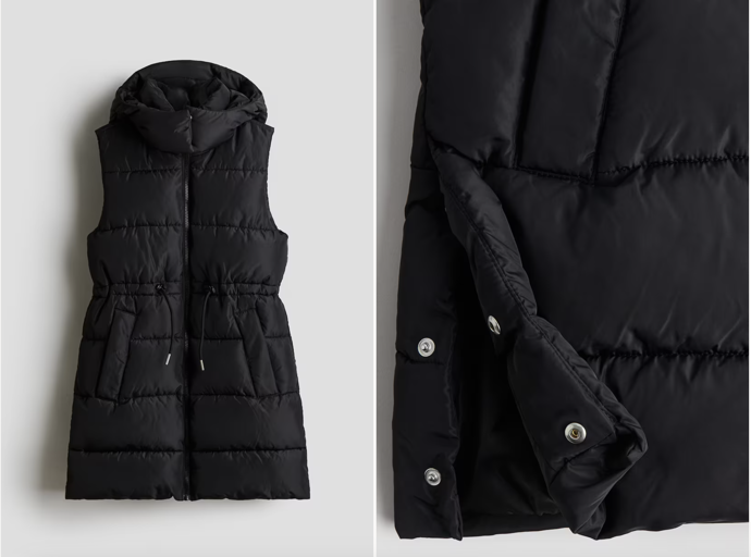 Dlouhá vatovaná vesta, černá, H&M, 959 Kč
