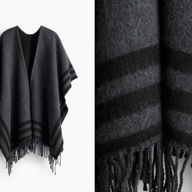 pončo lemované třásněmi, tmavě šedý melír, proužky, H&M, 719 Kč
