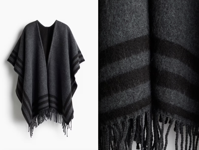 pončo lemované třásněmi, tmavě šedý melír, proužky, H&M, 719 Kč

