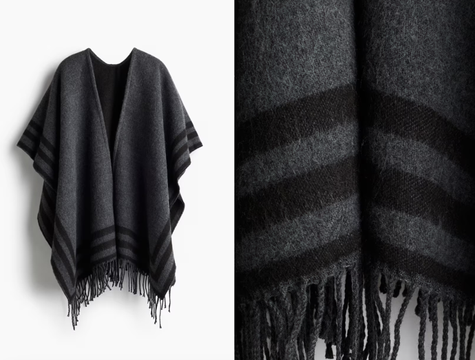 pončo lemované třásněmi, tmavě šedý melír, proužky, H&M, 719 Kč
