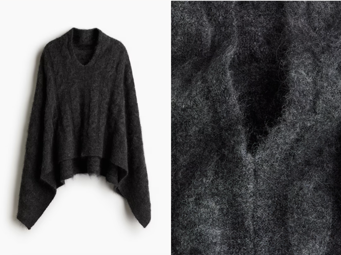 Pletené pončo z mohérové příze s copánkovým vzorem, tmavě šedá, H&M, 1 699 Kč
