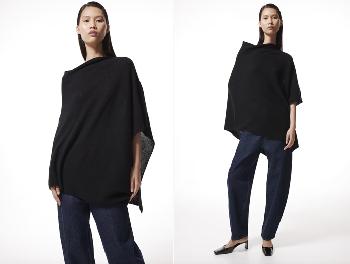 Jemně pletené pončo z kašmírové směsi, v černé i bílé, H&M, 1 459 Kč
