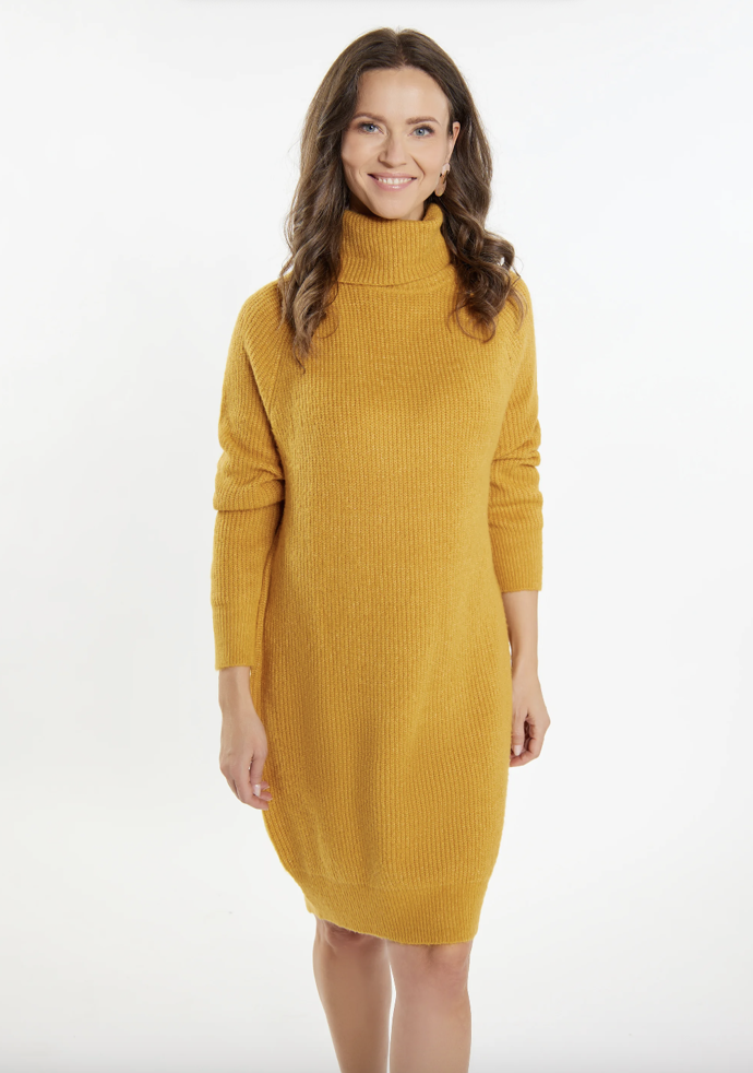 Usha, SIVENE - Pletené šaty - curry hořčicová (také v šedé a petrolejové modři), velikosti XL, XXL a více, Zalando, 1 102

