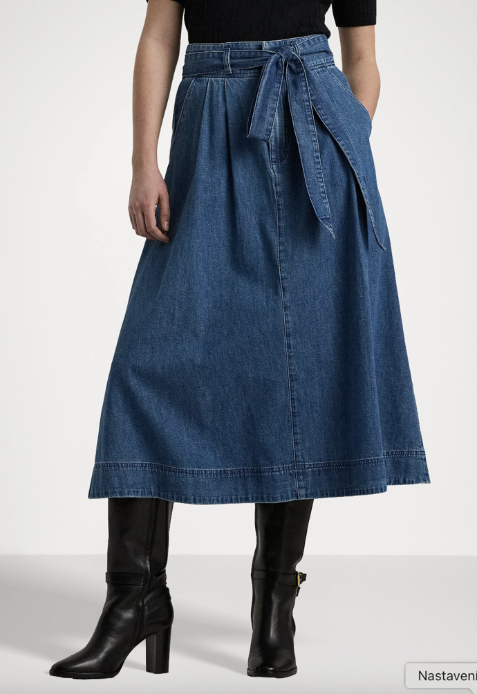 Lauren Ralph Lauren, BELTED DENIM MIDI SKIRT - Denimová sukně - stormee wash, Zalando, 3 353 Kč
