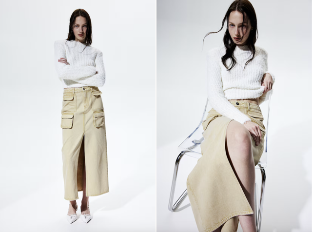 džínová maxi sukně cargo, béžová a antracitově šedá, H&M, 719 Kč
