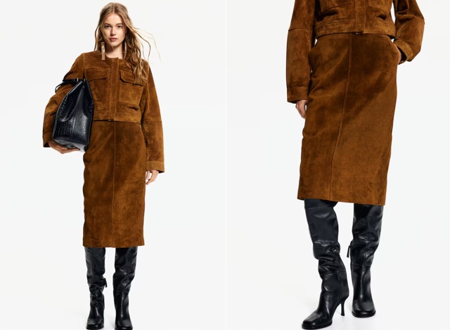 Semišová pouzdrová sukně, H&M, 4 299 Kč
