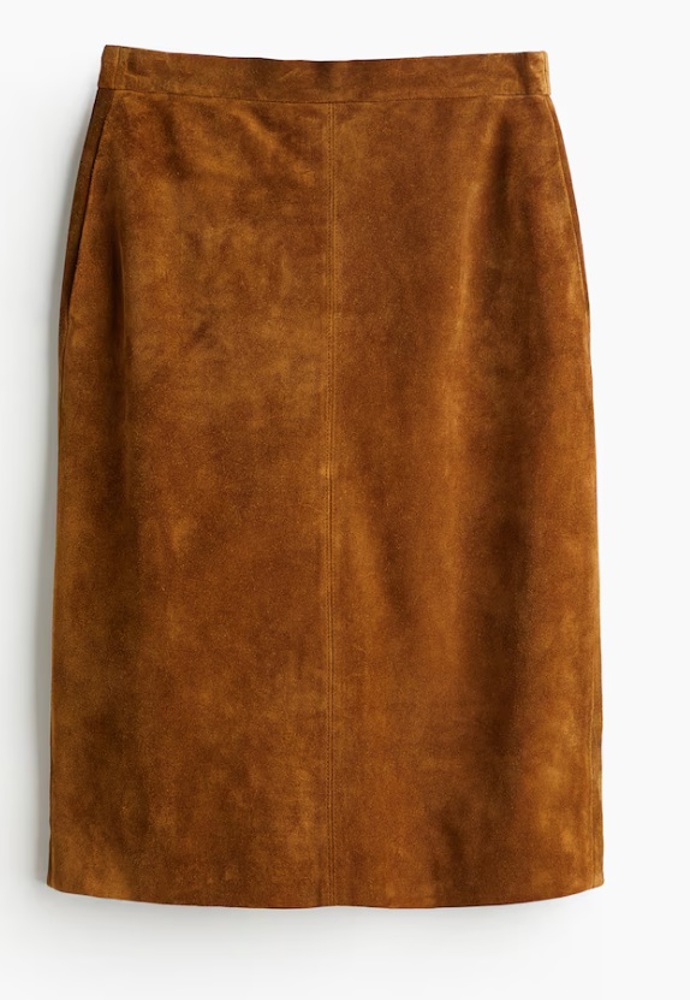 Semišová pouzdrová sukně, H&M, 4 299 Kč
