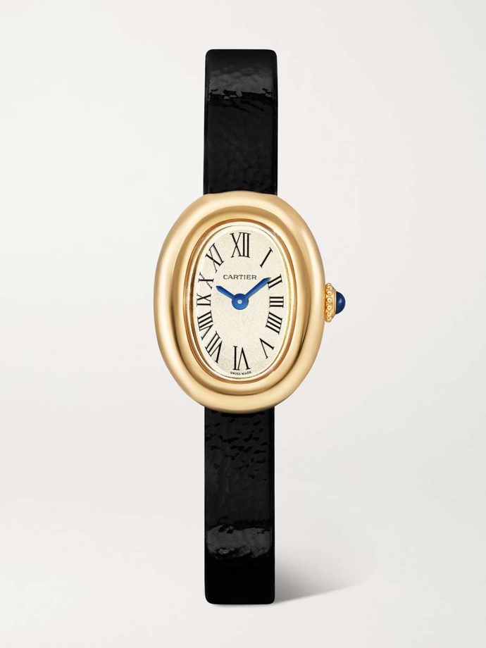 Hodinky Baignoire 24.6mm mini 18-karat gold and glossed-leather watch, Cartier, 7538 eur
