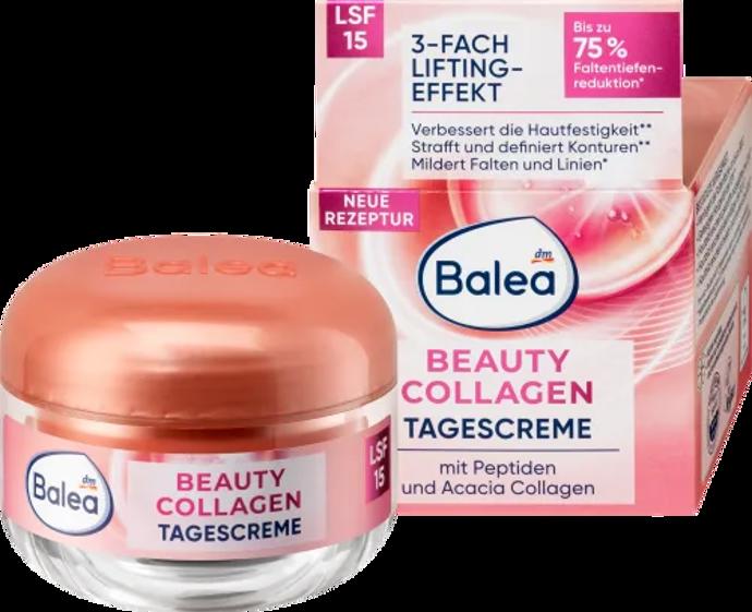 Denní krém Balea Beauty Collagen (139 Kč, 50 ml, prodává DM). Krém s peptidy a kolagenem z akácie zlepšuje elasticitu pokožky a přispívá ke zmírnění vrásek. Složení s rostlinnou liftingovou složkou zajišťuje stahující efekt, redukuje vrásky a jemné linky. Peptidy stimulují vlastní produkci kolagenu v pleti, snižují jeho přirozenou ztrátu. OF 15 chrání pokožku před předčasným stárnutím způsobeným slunečním zářením. 
