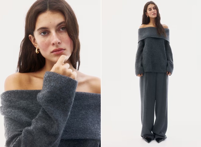 Svetr z žebrovaného úpletu s odhalenými rameny, H&M, 359 Kč
