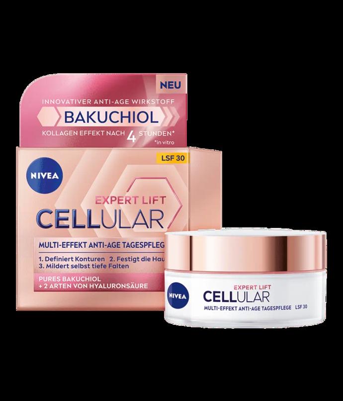 Denní krém Nivea Cellular Expert Lift SPF 30 (50 ml, 349 Kč). V jeho složení se ukrývá dvojí kyselina hyaluronová, makro, která intenzivně hydratuje, a mikro, která proniká hlouběji do pleti. Super novou ingrediencí krému je ovšem bakuchiol, který má komplexní anti-age benefity. Zvyšuje produkci kolagenu, efektivně redukuje vrásky, zvyšuje pevnost a elasticitu pleti a bojuje proti začervenání a stárnutí pleti způsobené UV paprsky.
