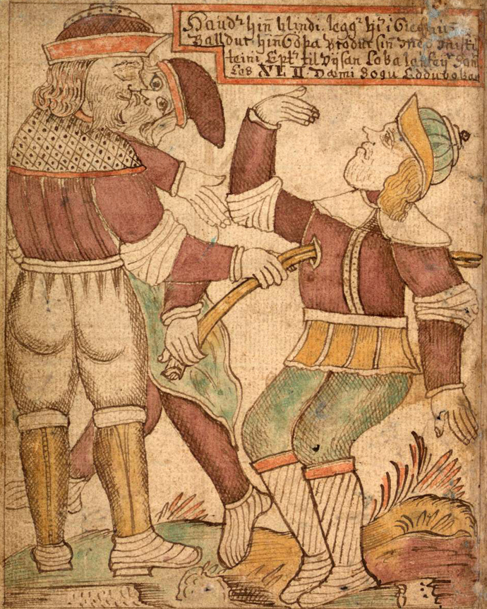 Jakob Sigurðsson, ilustrace z islandského rukopisu Stofnun Árna Magnússonar á Íslandi z 18. století. Slepý bůh Höd probodává větévkou jmelí boha Baldra
