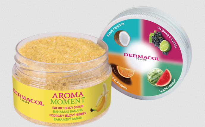 Jemný a relaxační tělový cukrový peeling Aroma Moment  s vůní bahamského banánu, šetrně odstraňuje odumřelé kožní buňky prostřednictvím krystalků cukru. 169 Kč
