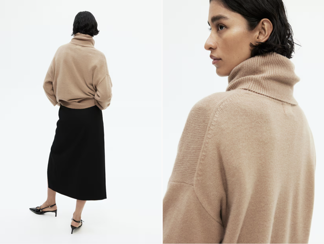 Svetr z kašmírové směsi s rolákem, béžová nebo černá, H&M, 3 999 Kč

